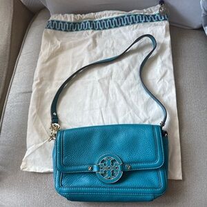 Tory Burch Teal Pebbled Leather Crossbody with Logo Medallion